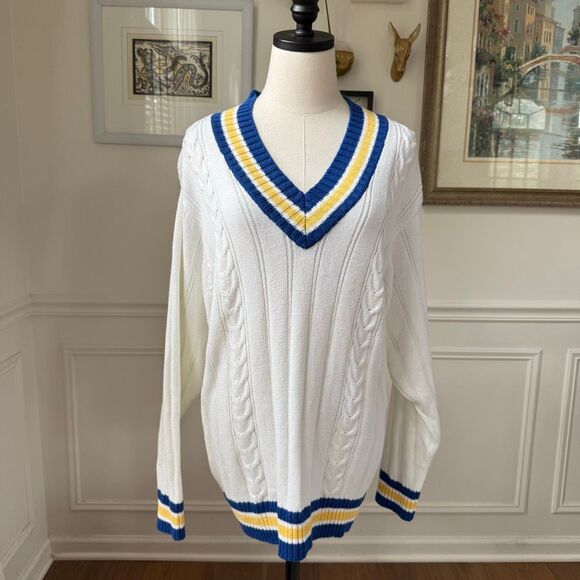 Vintage 90s Tabi International Varsity Style Vneck Cotton Sweater L - Picture 1 of 6